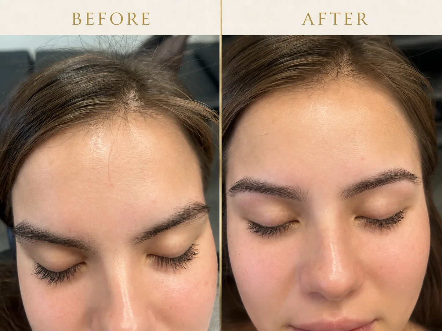 Eyebrow threading before and after — clean brow shaping at Arch & Glow, Reston VA