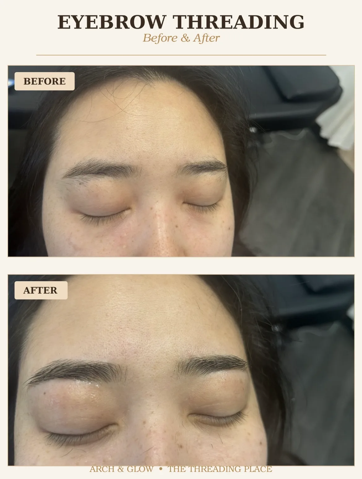 Eyebrow threading before and after — fuller, defined brows at Arch & Glow, Reston VA