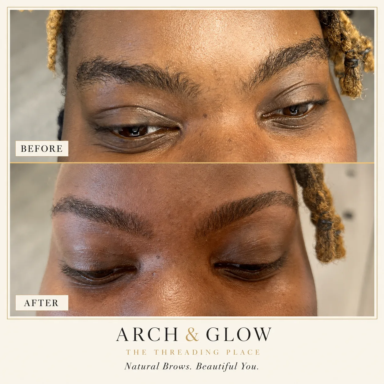 Eyebrow threading before and after — natural brow shape at Arch & Glow, Reston VA
