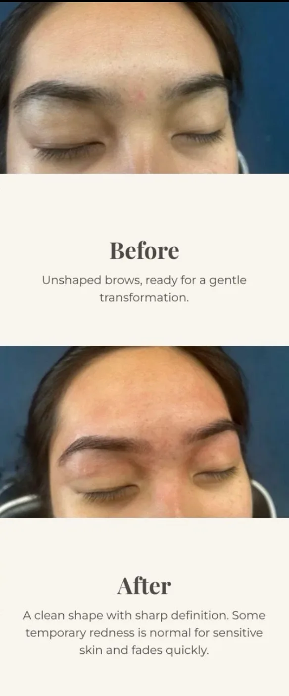 Eyebrow threading before and after on sensitive skin — clean, defined brows at Arch & Glow, Reston VA