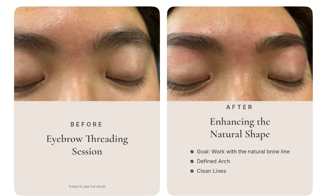 Eyebrow threading before and after — enhancing the natural brow shape at Arch & Glow, Reston VA